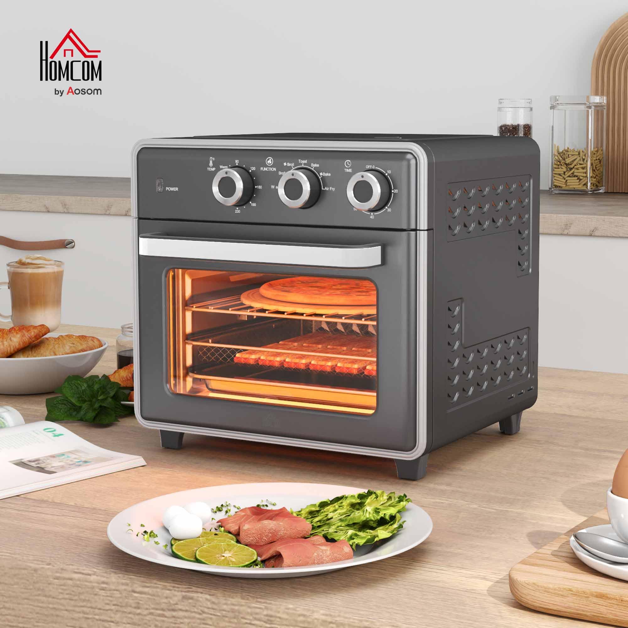 HOMCOM Mini-four à chaleur tournante 20L Mini four avec plaque de cuisson, grille et ramasse-miettes, 90 °C-230 °C Friteuse à air chaud avec 5 modes, panier à friture, minuterie 60 min, 1400W, métal