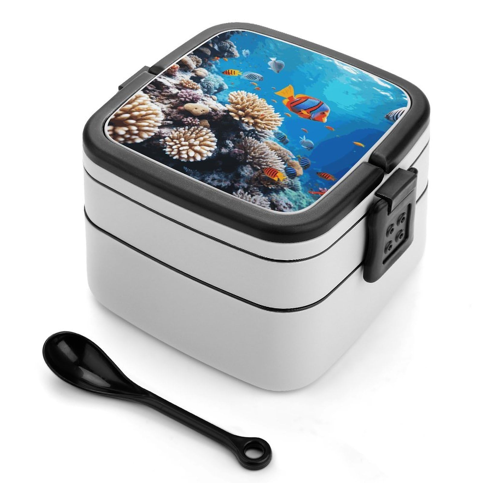 FekiLoot Ocean Tropical Fish Coral Bento Box Adult Lunch Box Sealed Bento Lunch Boxes with Spoon Sturdy Double Layer Bento Boxes Snap-on Design Leak Proof Lunch Containers Ideal for Work