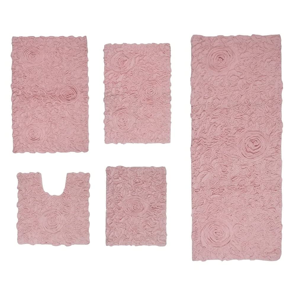 Functional Durable Coral Pink Cotton Bathroom Rugs Sets 5 Piece with Pretty Floral Tufted Pattern On Solid Background