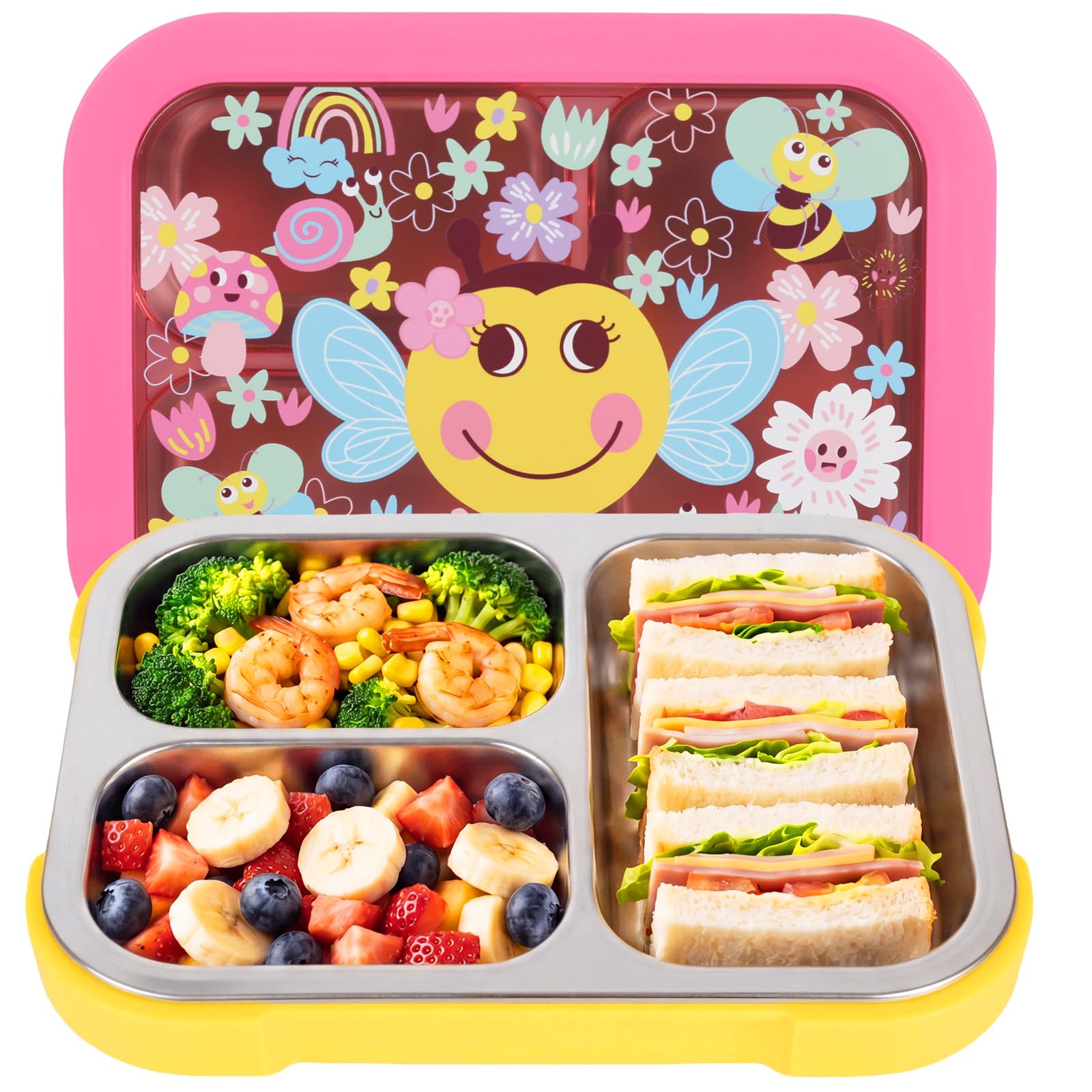 PinkSheep Stainless Steel Bento Lunch Box for Kids, 950ml BPA-Free Leak-Proof Children Food Containers with 3 Compartments, Back to School Students Daycare Lunches Snack Container (Bee)