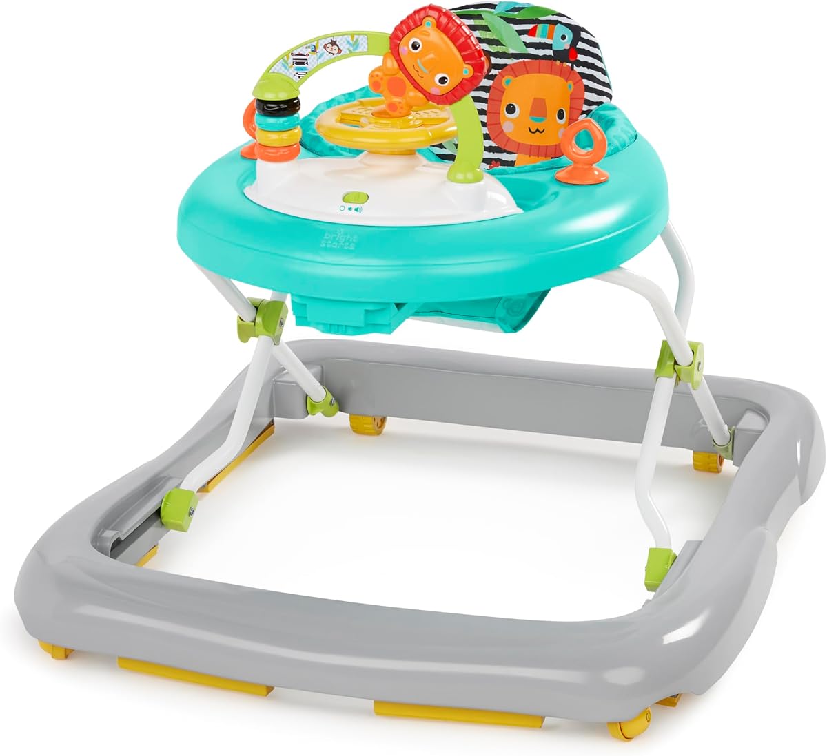 Bright Starts Zig Zag Zebra Baby Walker con volante, luces y canciones, marco plegable fácil de almacenar, altura ajustable, 6 meses o más