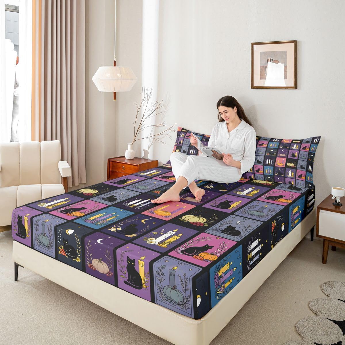 Castle Fairy Grid Black Cat Fitted Sheet Twin Size Vintage Tarot Card Bedding Set 2Pcs Candle Moon Boho Bed Sheet for Kids Boys Girls Teens Room Decor Purple Black,Deep Pocket Sheet(No Flat)
