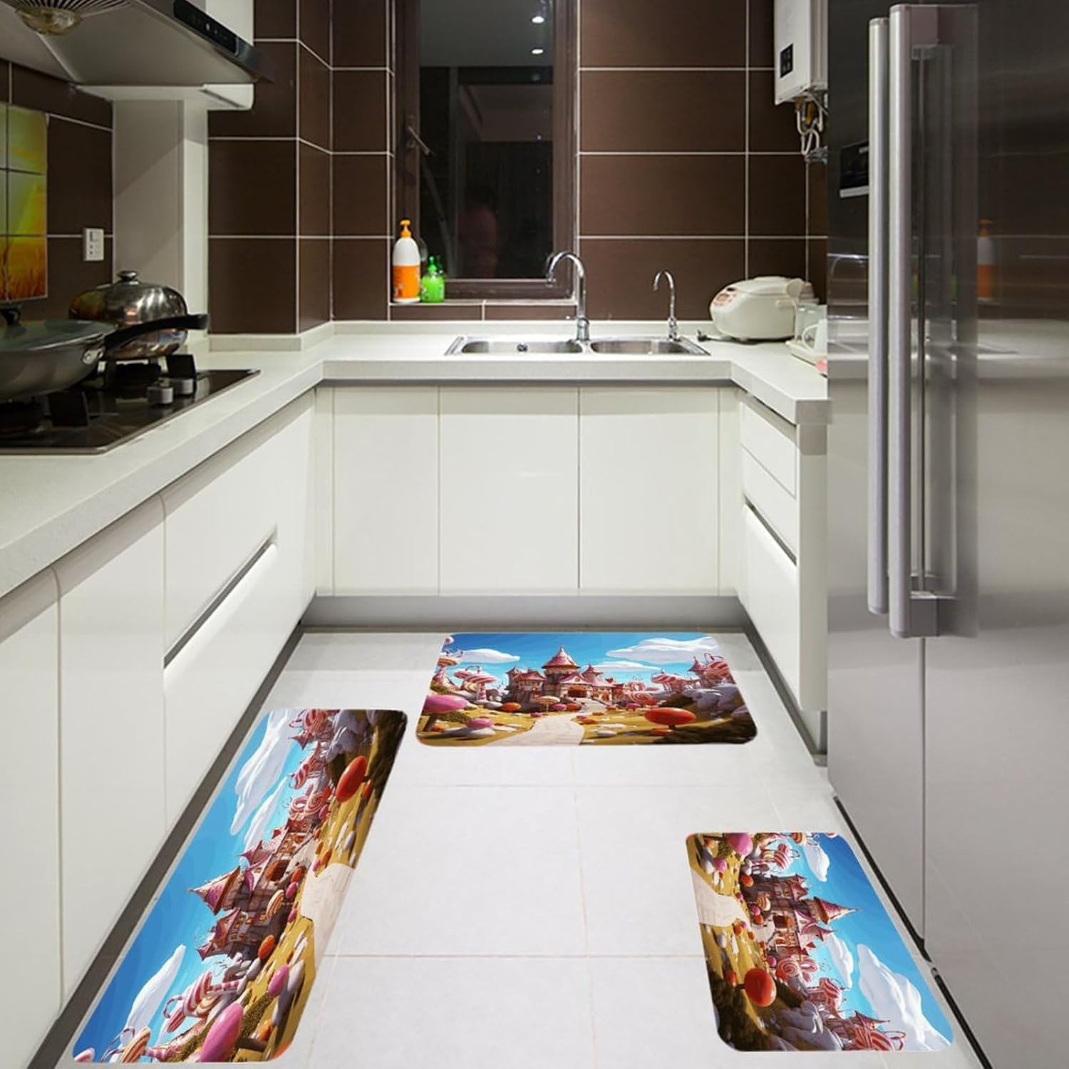 Candy Kitchen Rugs Sets of 3 Washable Non Slip Kitchen Rug Water Resistant Carpet Piece Anti Fatigue Kitchen Mats Soft Comfort Standing Mat Modern Area Rug