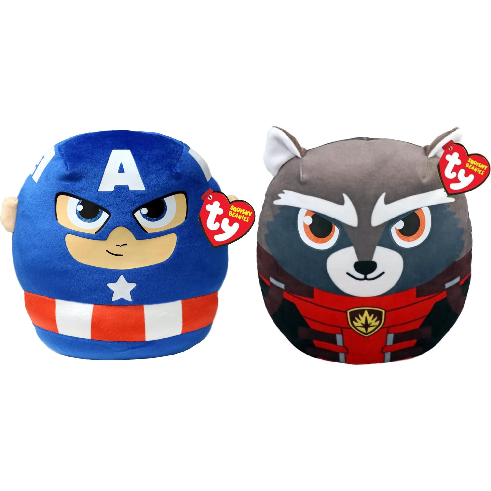 TY Marvel Super Soft Gift Quality Plush Squishy Beanies - (10" 20cm Squishy Beanies Rocket and Cap Twin Pack)