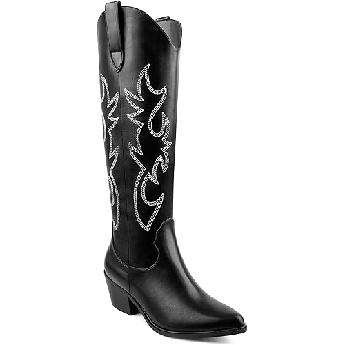 Zzheels Embroidered Western Cowboy Boots for Women Ankle High Cowgirls Low Chunky Heel Pointed Toe Pull-On Fashion Classic Boots