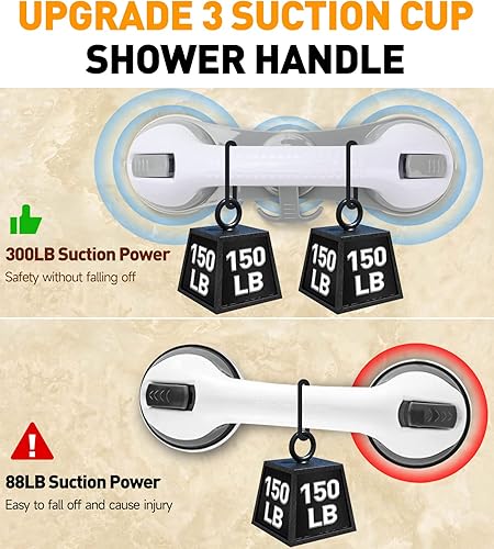 Miniatura 2 de Paquete de 2 manijas de ducha, 3 ventosas barras de agarre para bañeras y duchas, barra de agarre de succión para baño, tina, manijas de baño,