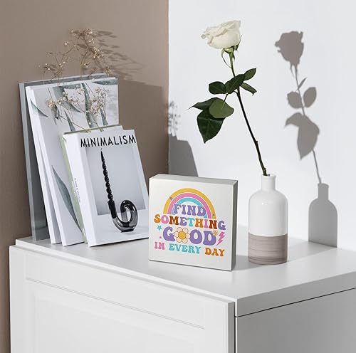 Miniatura 3 de kunlisa Groovy Find Something Good in Every Day Retro Flower Rainbow Caja de madera para decoración de escritorio, con cita positiva, bloque de