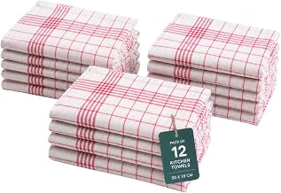 Gift Hub Kitchen Tea Towels Set, 100% Cotton Wonder Dry | Highly Absorbent Reusable Cleaning Cloths for Drying Dishes & Glassware | Home Essentials | 50 x 70 cm, Red Checked | Pack of 12