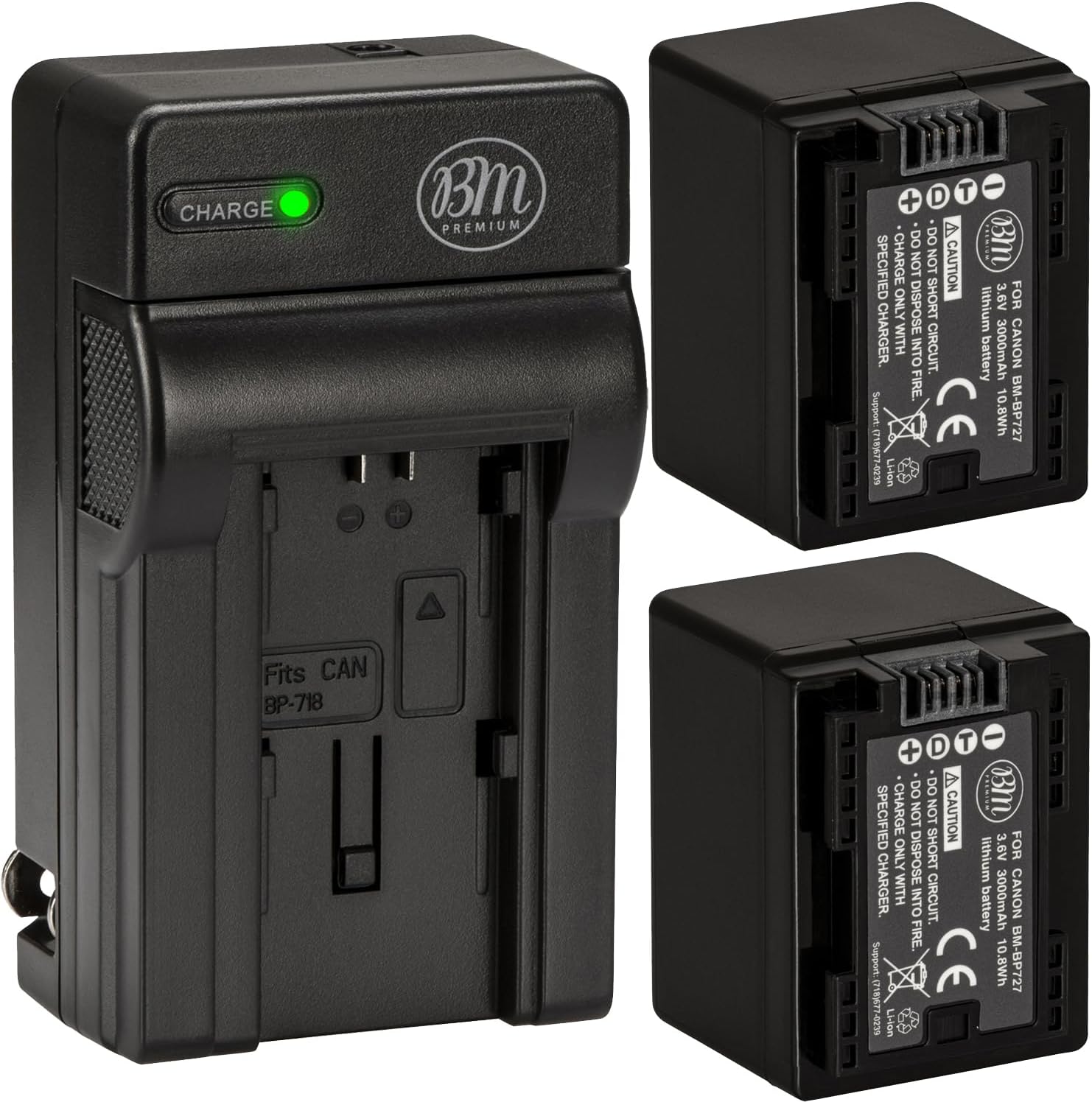 BM Premium 2 BP-727 Batteries and Charger for Canon Vixia HFR80, HFR82, HFR800, HFR70, HFR72, HFR700, HFM500, HFR30, HFR32, HFR300, HFR40, HFR42, HFR400, HFR50, HFR52, HFR500, HFR60, HFR62, HFR600