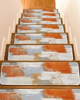 Stair Treads for Wooden Steps 10 Pack - 8"x30",Orange Gradient Oil Painting Art Indoor Stair Runner Non Slip Carpet Mat Staircase Step Treads for Kids Elders and Pets,Gray Color Block