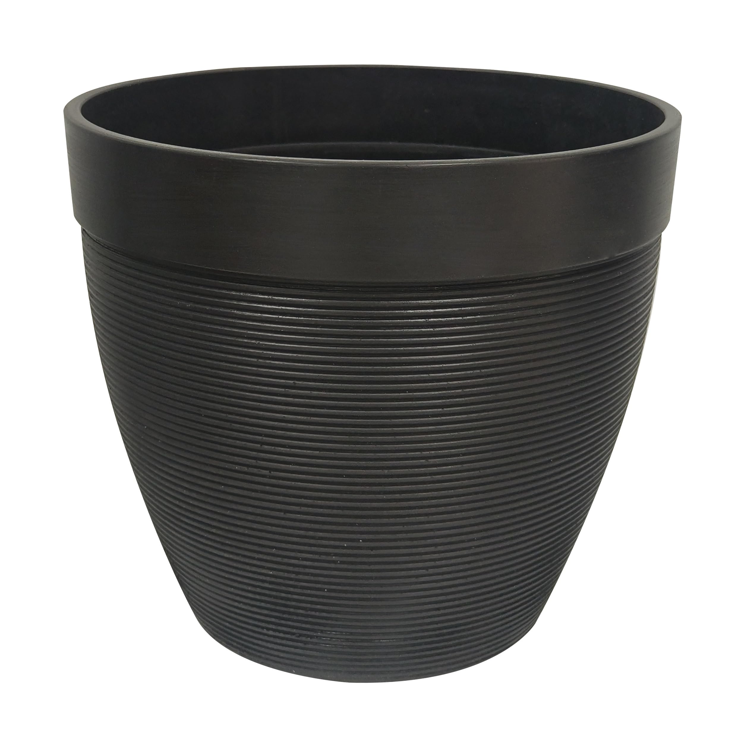 Olly & Rose Artstone Black 25cm Plant Pot Black - Horizontal Lines Large Plant Pots Outdoor and Indoor - Planters - Flower Pots