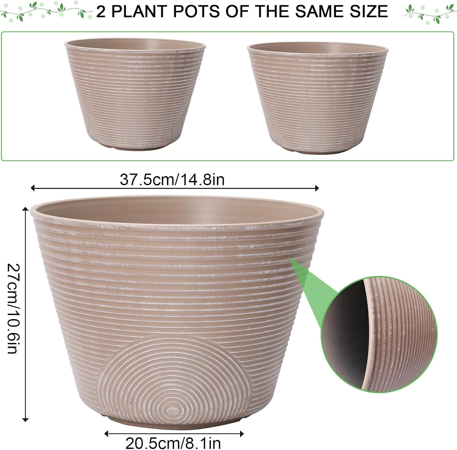 15 inch Plant Pots, 2 Pack Large Round Planters for Outdoor Plants, Porch, Patio, Backyard, Plastic Flower Pots, Classic Garden Pot Container for House, Grey