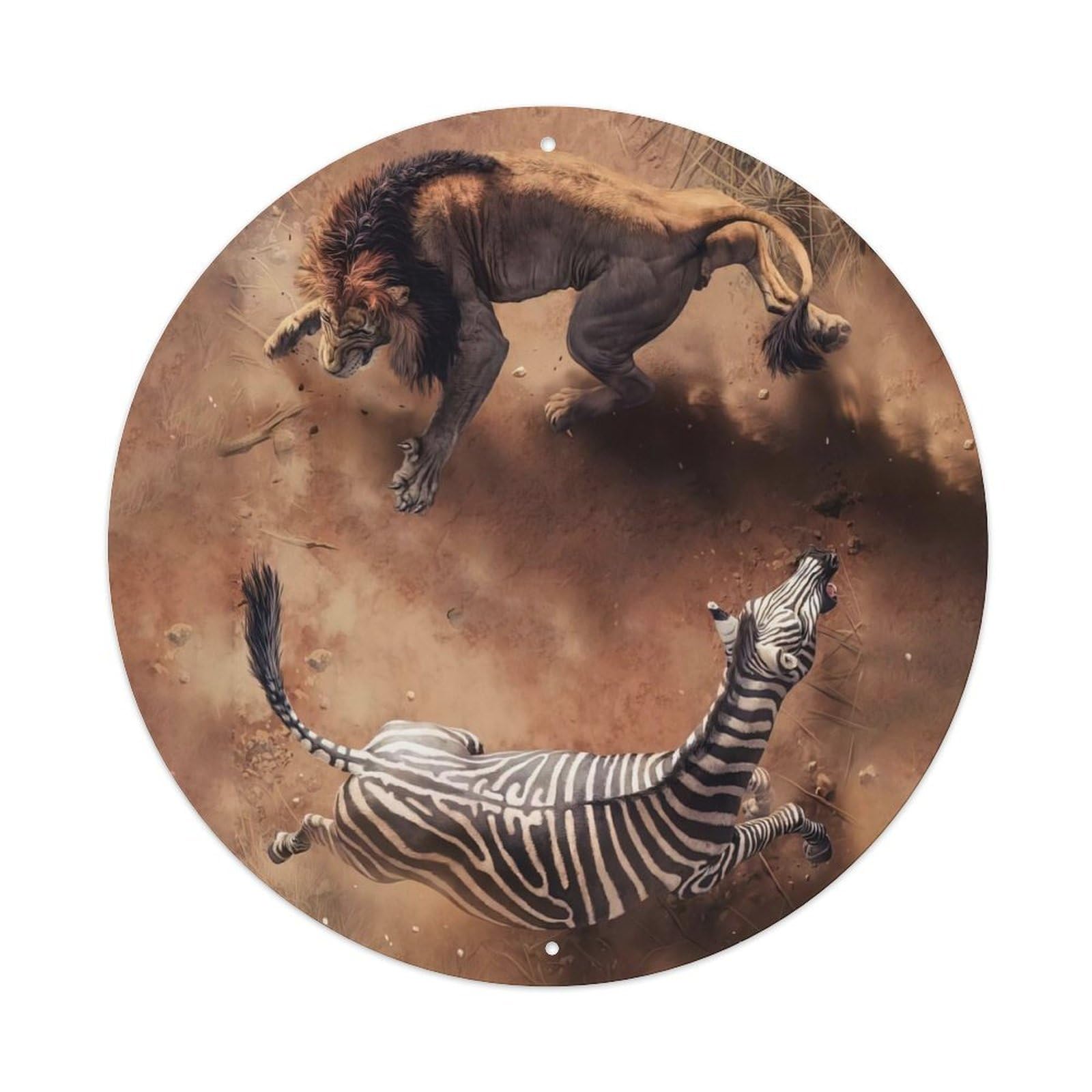 African Predator Lion Hunting Zebra Battle Savannah Chase Nat Geo Wildlife Photography Vintage Metal Tin Sign Plaque Wall Decor for Cafe, Club Bar, Office, Garden Metal Poster 8x8Inch