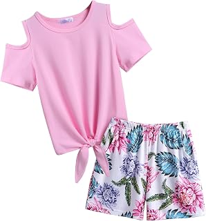 Arshiner Girls Short Sets 2 Piece Outfits Tie Tops and Shorts with Pockets | Summer Short Sleeve Roundneck Floral Short Perfect for summer vacation, daily wear, casual