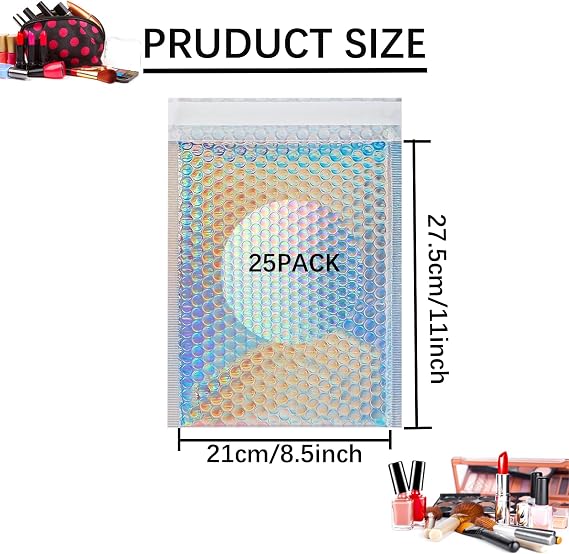 25 Pcs Metallic Bubble Mailers 8.5x12Inch Holographic Bubble Envelopes