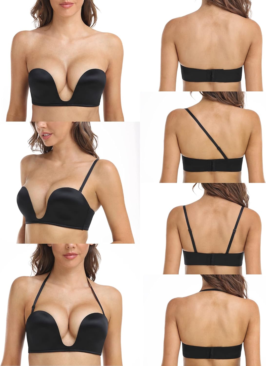 DotVol Women's Multiway Deep U Plunge Padded Push Up Convertible Bra - Image 2