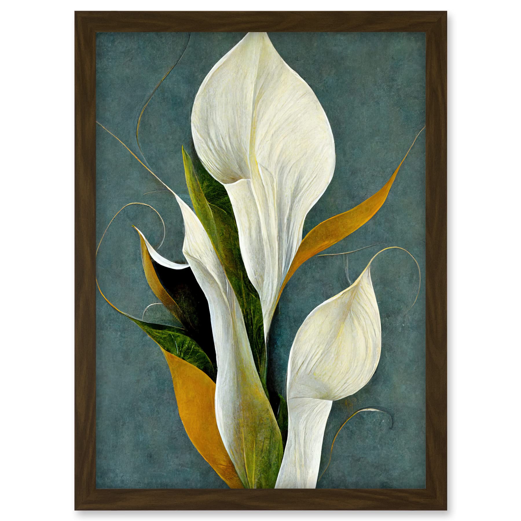 Doppelganger33 LTD White Calla Lily Bouquet Flowers In Blue Background Realism Artwork Framed A3 Wall Art Print