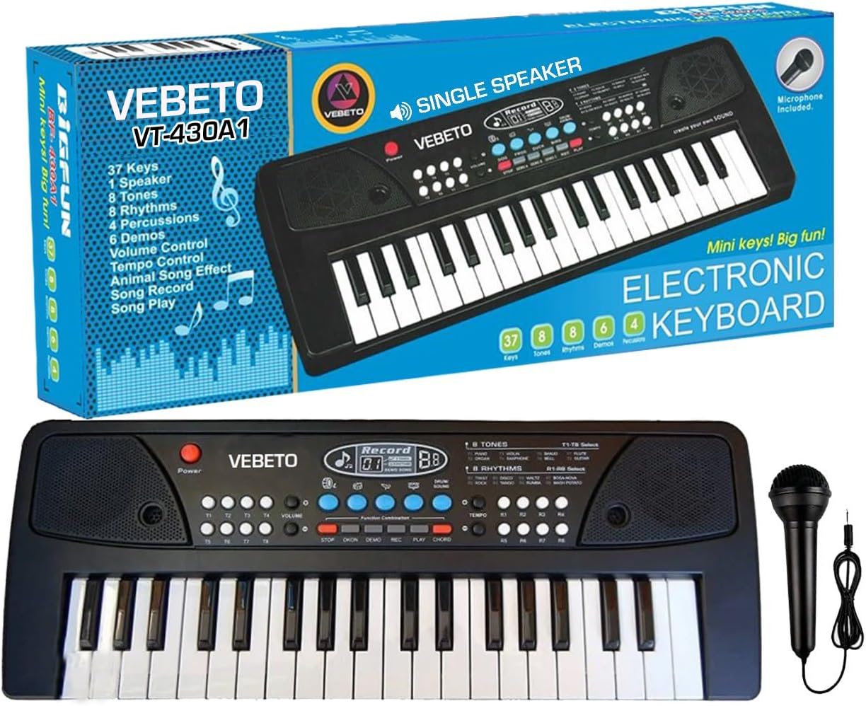 VEBETO Kids Piano Keyboard with Mic (1 Year Warranty) 37 Keys 8 Rhythms 8 Tones 6 Demos Portable Electronic Keyboard Toy Beginners Educational Songs Recording Musical Toys 2 3 4 5 Years Boys Girls