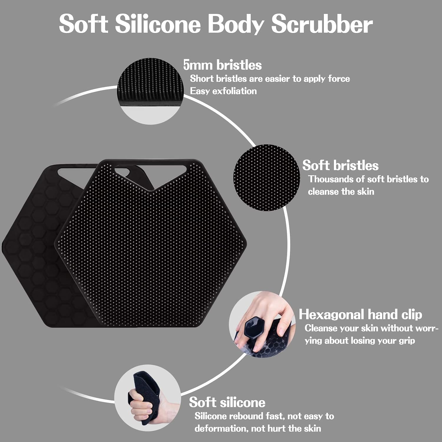 Silicone Body Scrubber & Storage Hook , Handheld Shower Cleansing Brush Silicone Body Scrubber Shower Gentle Exfoliating and Massage for All Kinds of Skin (Bath Brush - Black)