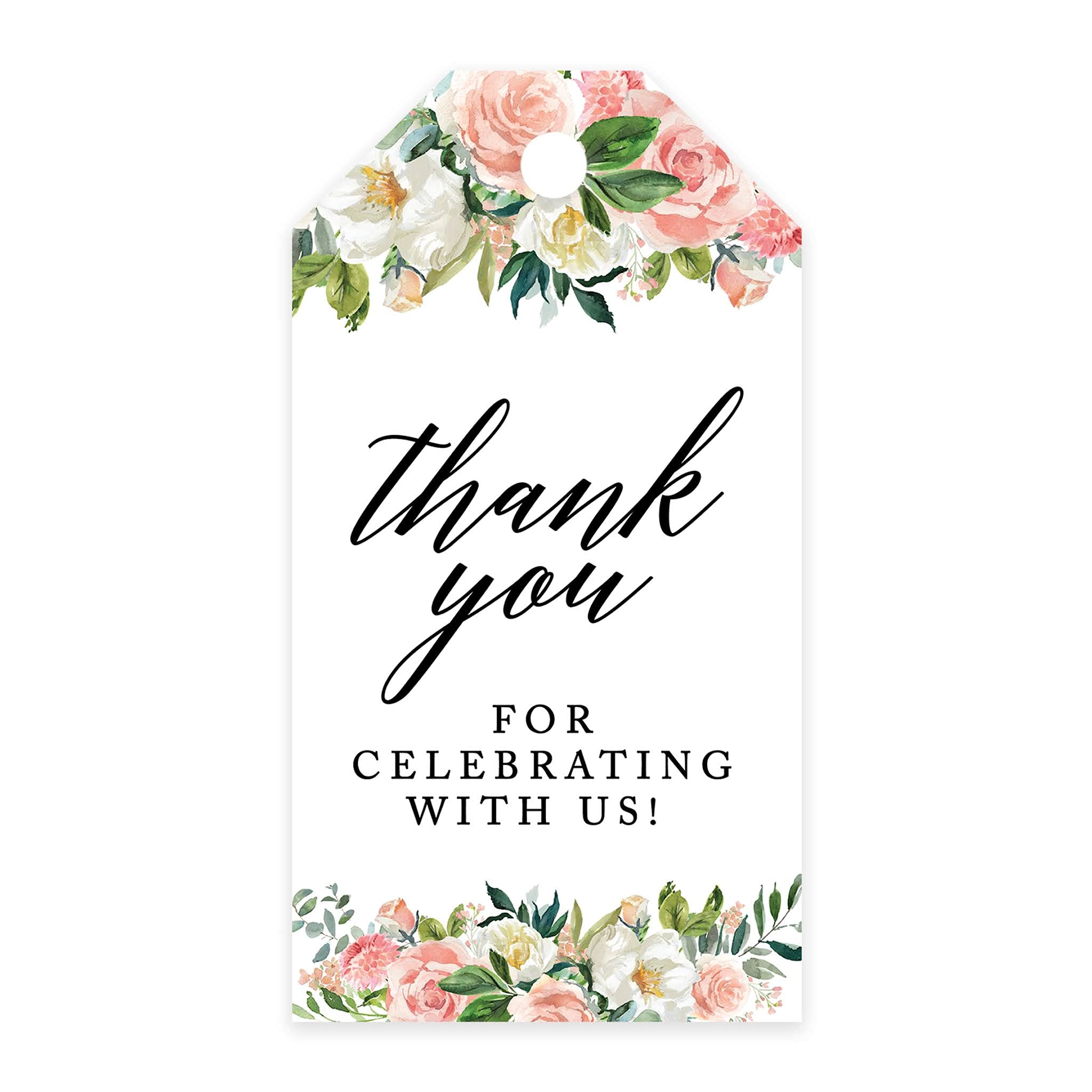 Andaz Press 100-Pack Thank You for Celebrating with Us Favor Tags Peach Coral Floral Garden Cardstock Gift Tags with Bakers Twine for Wedding Baby
