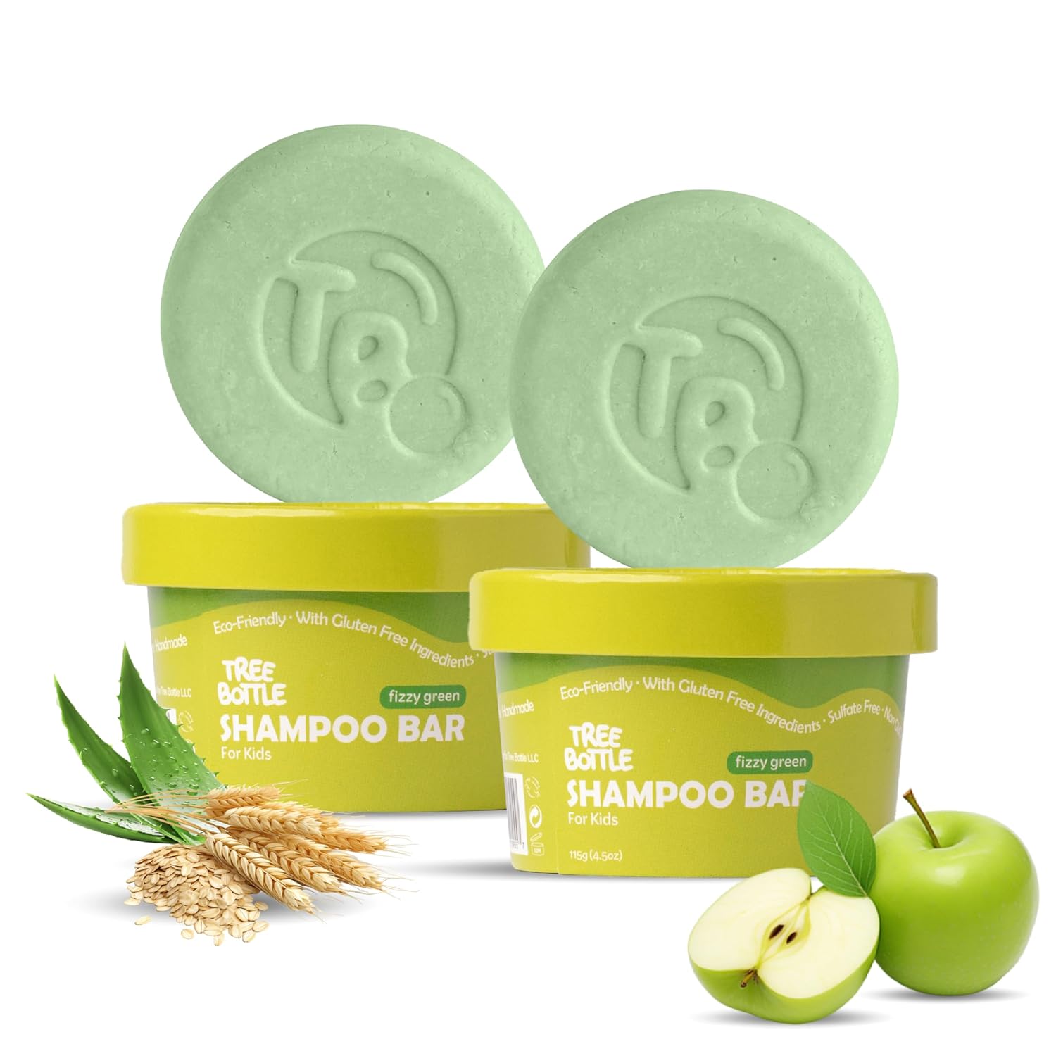 Tree Bottle Shampoo Bar for Kids – Fizzy Green – Aloe Vera, Hydrolyzed Oat Protein – All Hair Types – Plastic-Free Solid Shampoo Bar – 9oz (Pack of 2)