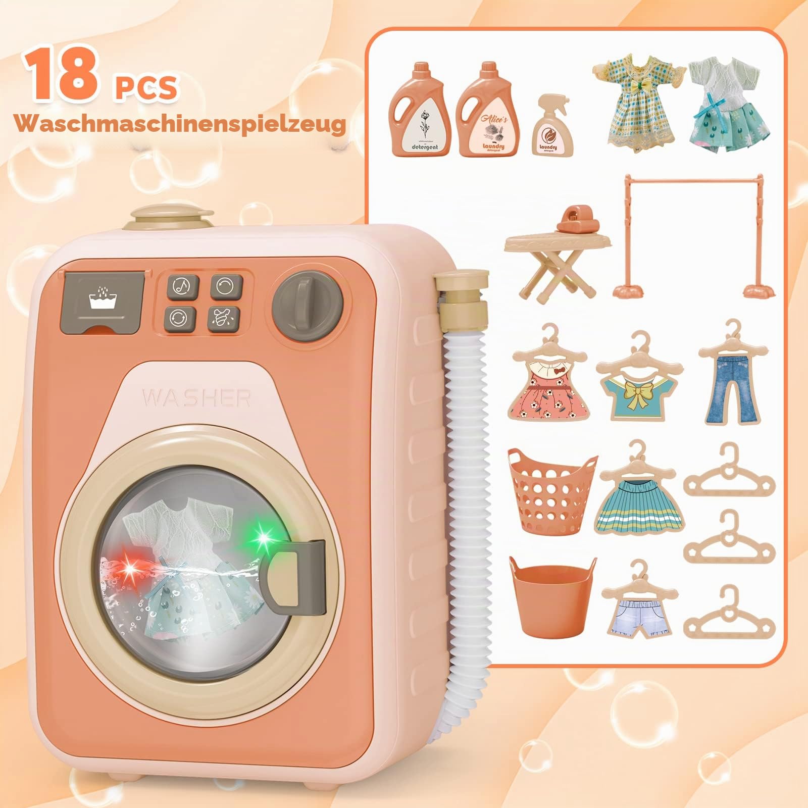deAO Waschmaschine Spielzeug für Kinder, Mini Simulationswaschmaschine mit 4 Programmen, Rotierender Waschtrommel, Licht, Ton, Washe Spielzeug Kinderwaschmaschine mit Zubehör für Kinder (Braun)