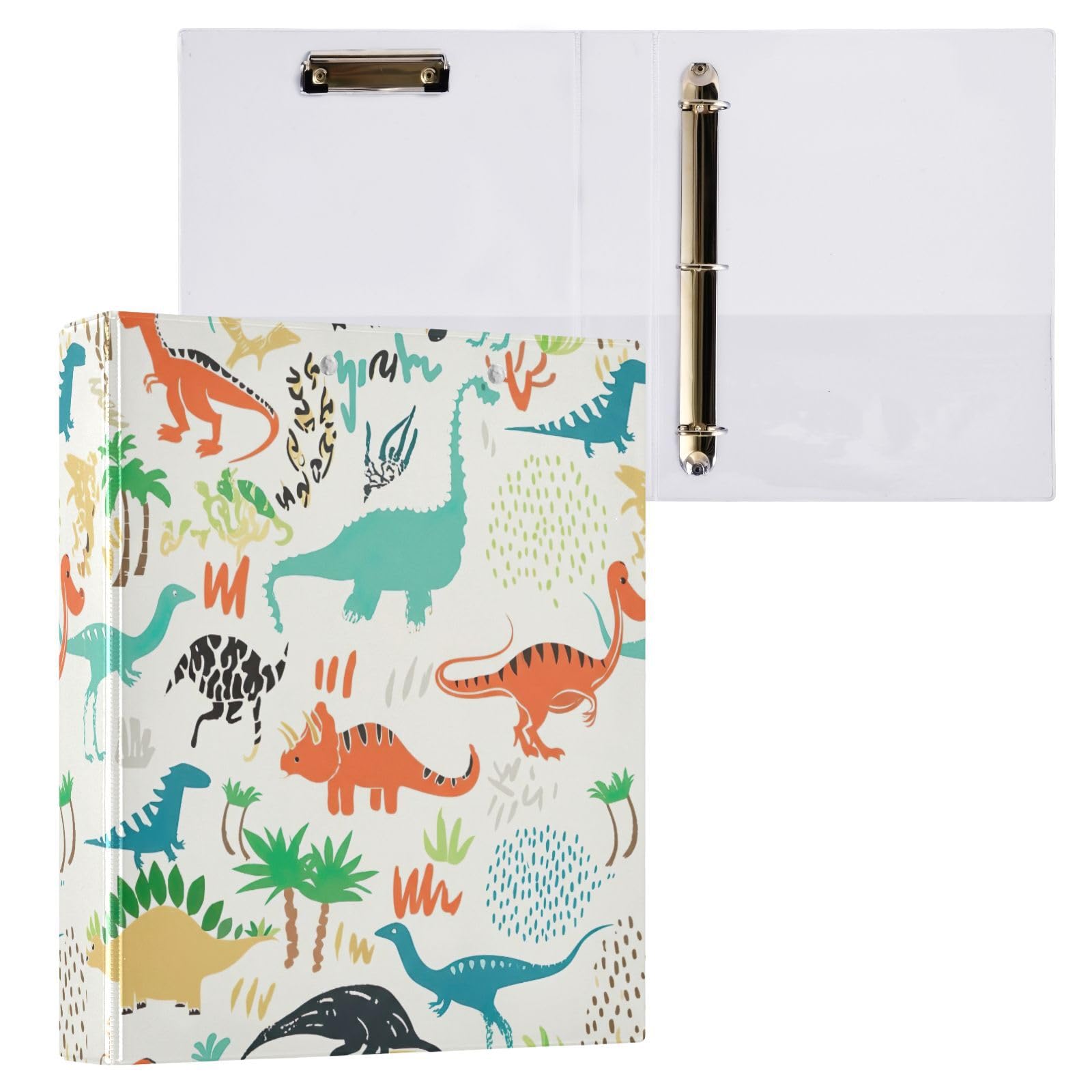 Confezione da 2 raccoglitori ad anelli con 3 anelli, motivo dinosauri, colorati, bianchi, con tasche, grandi, per scuola, università, ufficio