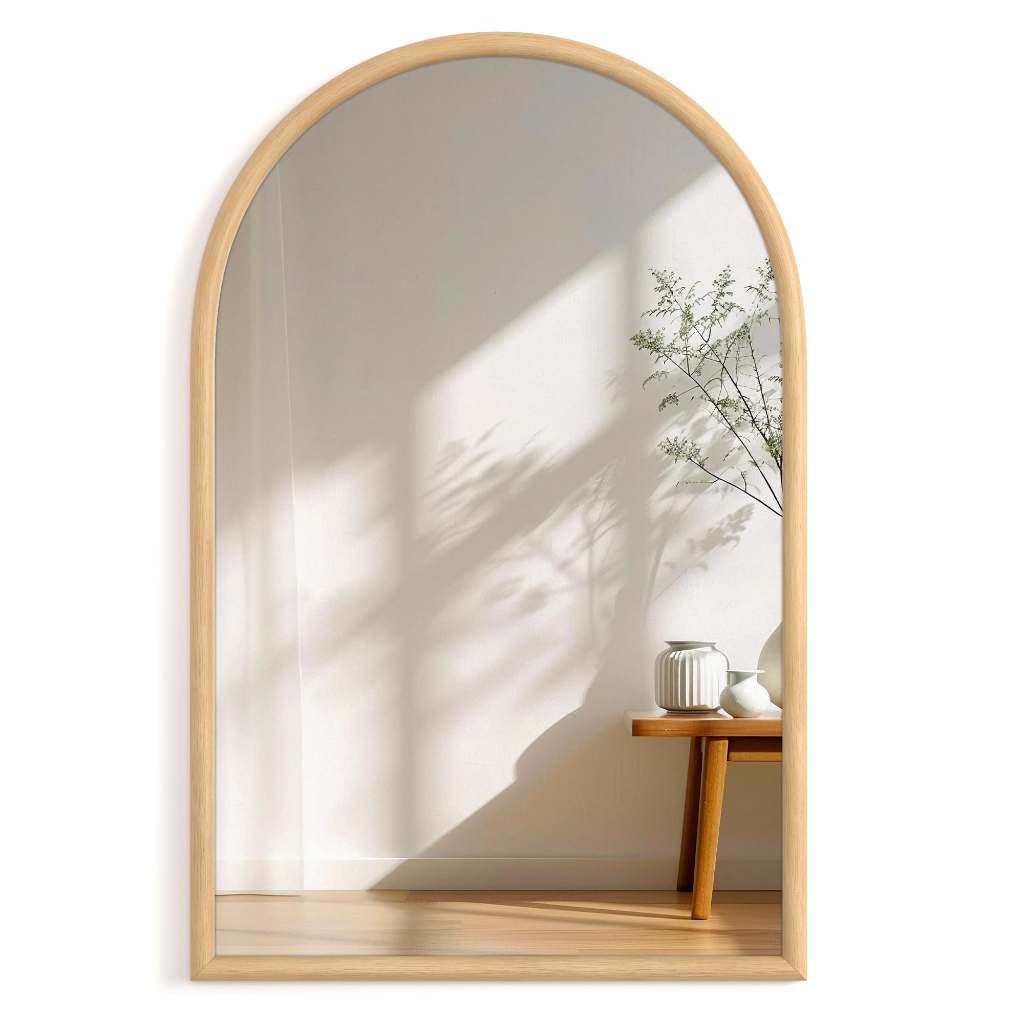 24"x36" Arch Wall Mirror for Wall, Wall Mounted Vanity Mirror for Bedroom, Wood Grain Finish Frame Mirror with Tempered Glass, Vintage Decorative for Bathroom, Entryway, Living Room, Natural