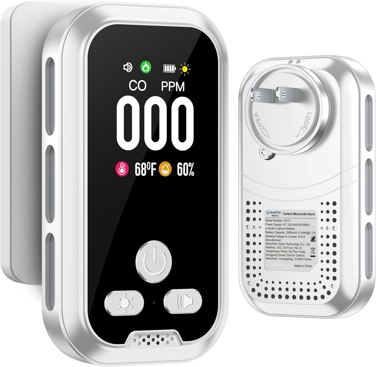 HAKINAKU 3in1 Plug in Carbon Monoxide Detector Alarm Builti-in 2000mAh 10-Day Backup Battery with 2.1'' HD Screen [CO Temp Humidity Sensor] for Home Hotel Room Indoor/Outdoor RV