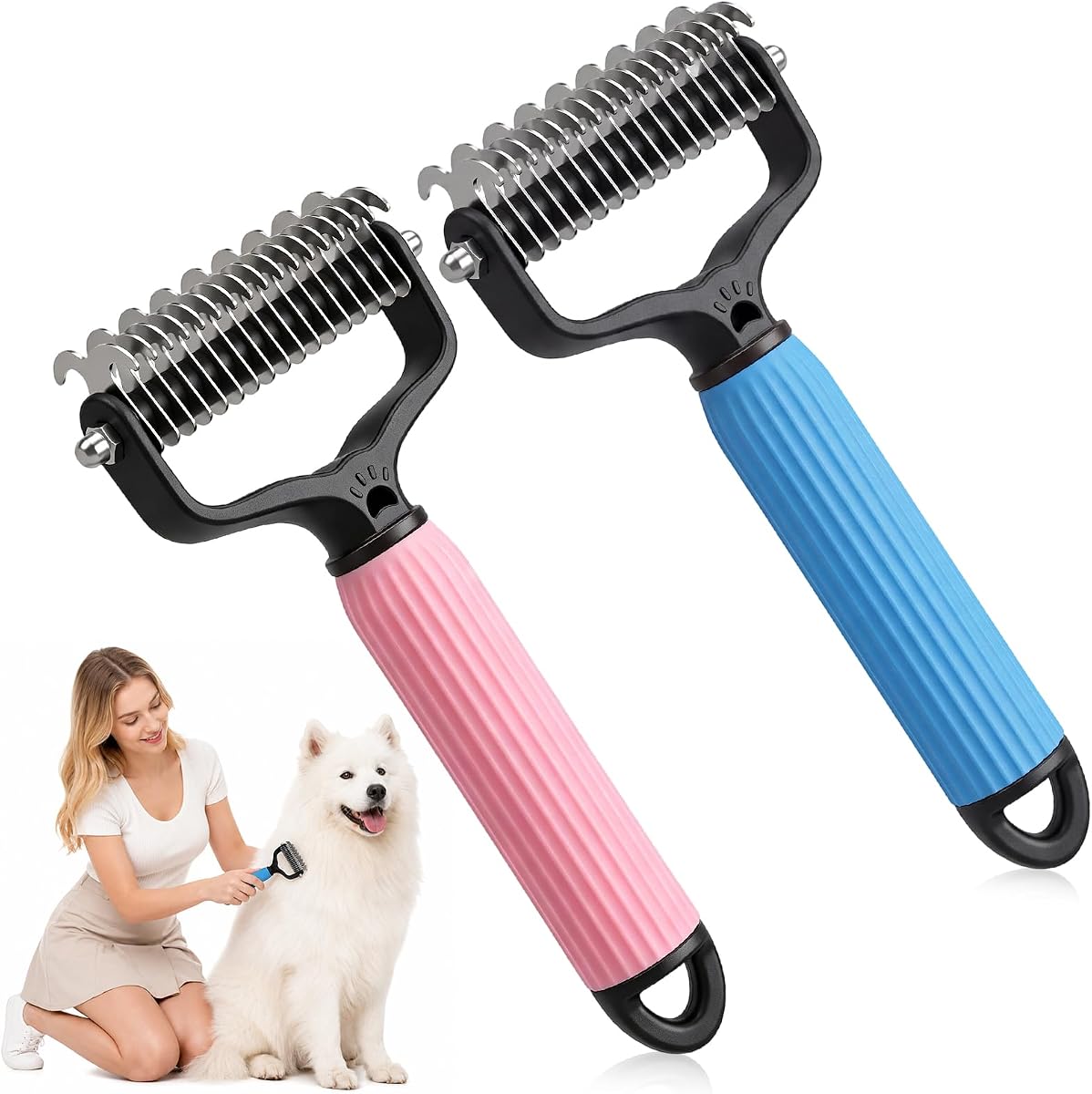 2 cepillos de aseo para mascotas, rastrillo de doble cara y peine desenredante para perros y gatos, herramienta para desenredar pelo enmarañado, ideal para razas de pelo medio o largo (azul+rosa, grande)