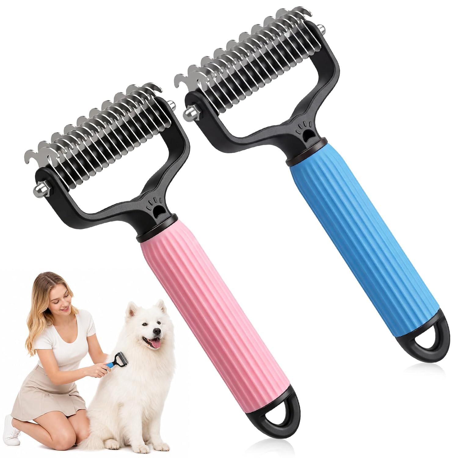 2 Pcs Pet Grooming Brush, Double Sided Undercoat Rake & Dematting Comb for Dogs and Cats, Detangling Tool for Matted Fur, Ideal for Medium or Long Haired Breeds (Blue+Pink, Large)