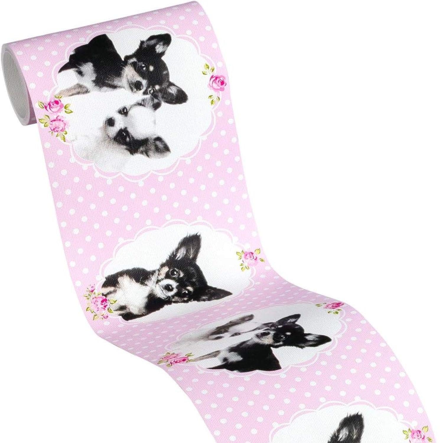 Yöl White/Pink Little Stars Border With Cute Dogs - Wallpaper - Nursery Toy Room - Paste The Paper