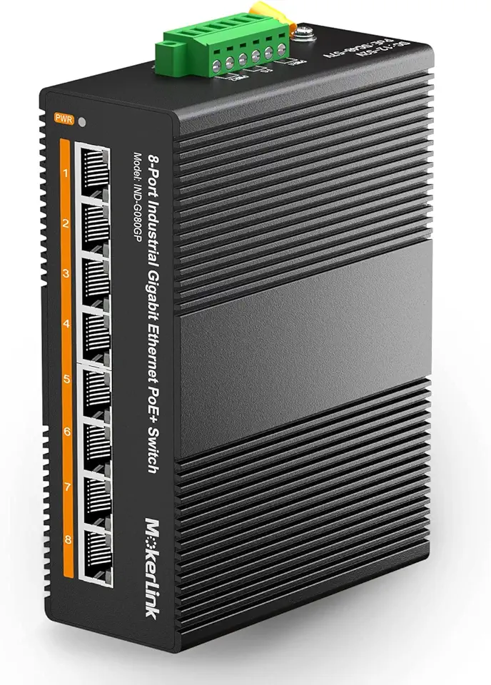 MokerLink Switch Ethernet Industrial Gigabit Poe de 8 Portas para Trilho Din, Alimentação Poe+ de 96 W, Capacidade de Comutação de 16 Gbps, Switch de Rede Não Gerenciável com Classificação Ip40 (-40