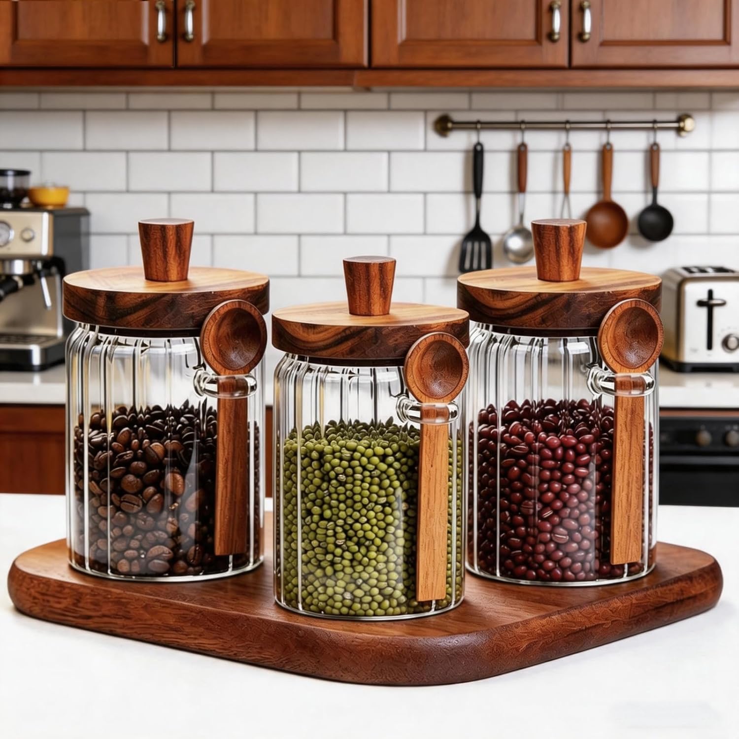 Glass Jar with Wooden Lid and Spoon, 20.3 Oz Airtight Storage Container, Coffee Canister for Coffee Grounds Beans Sugar Leaf Tea and More