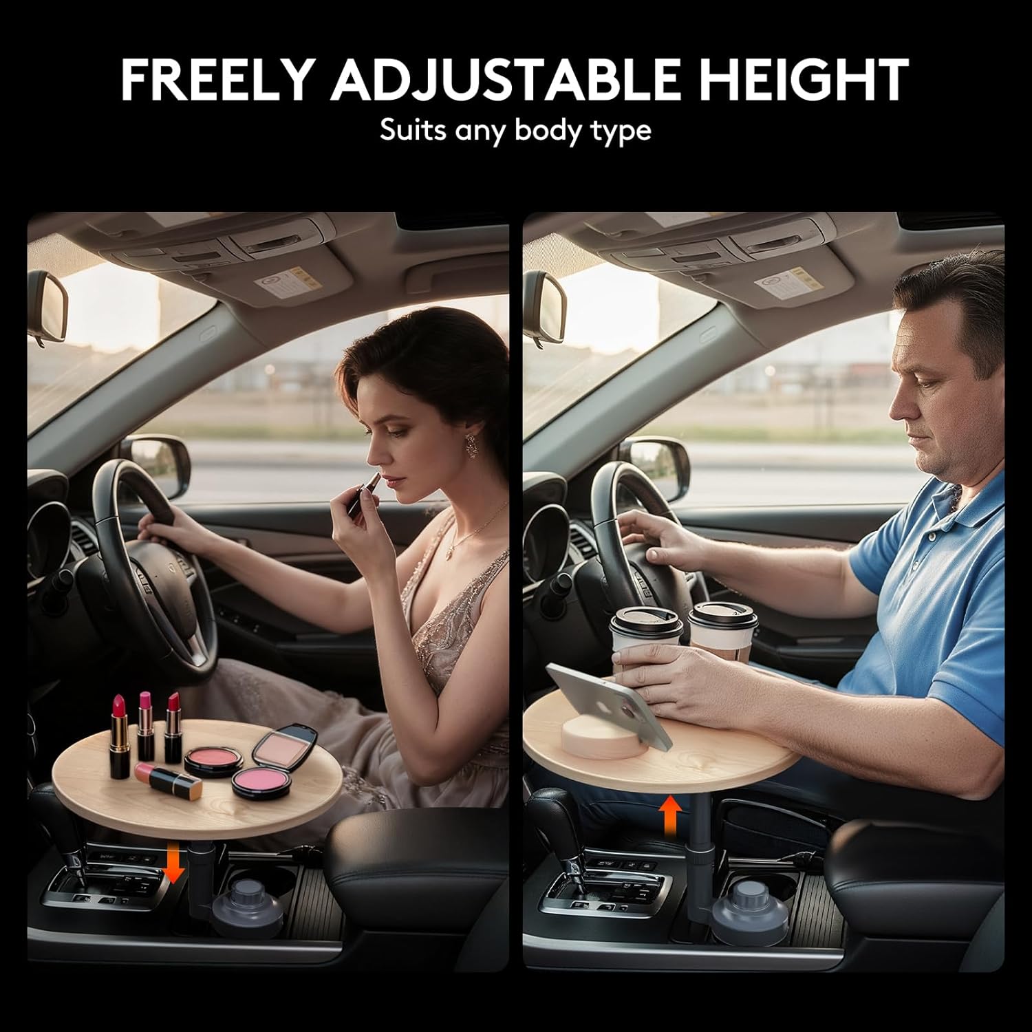 Car Desk for Laptop & Car Table Tray, Height-Adjustable 360° Rotating Wood Car Laptop Mount, Cup Holder Table, Steering Wheel Tray, Compatible with Tesla & Most Vehicles