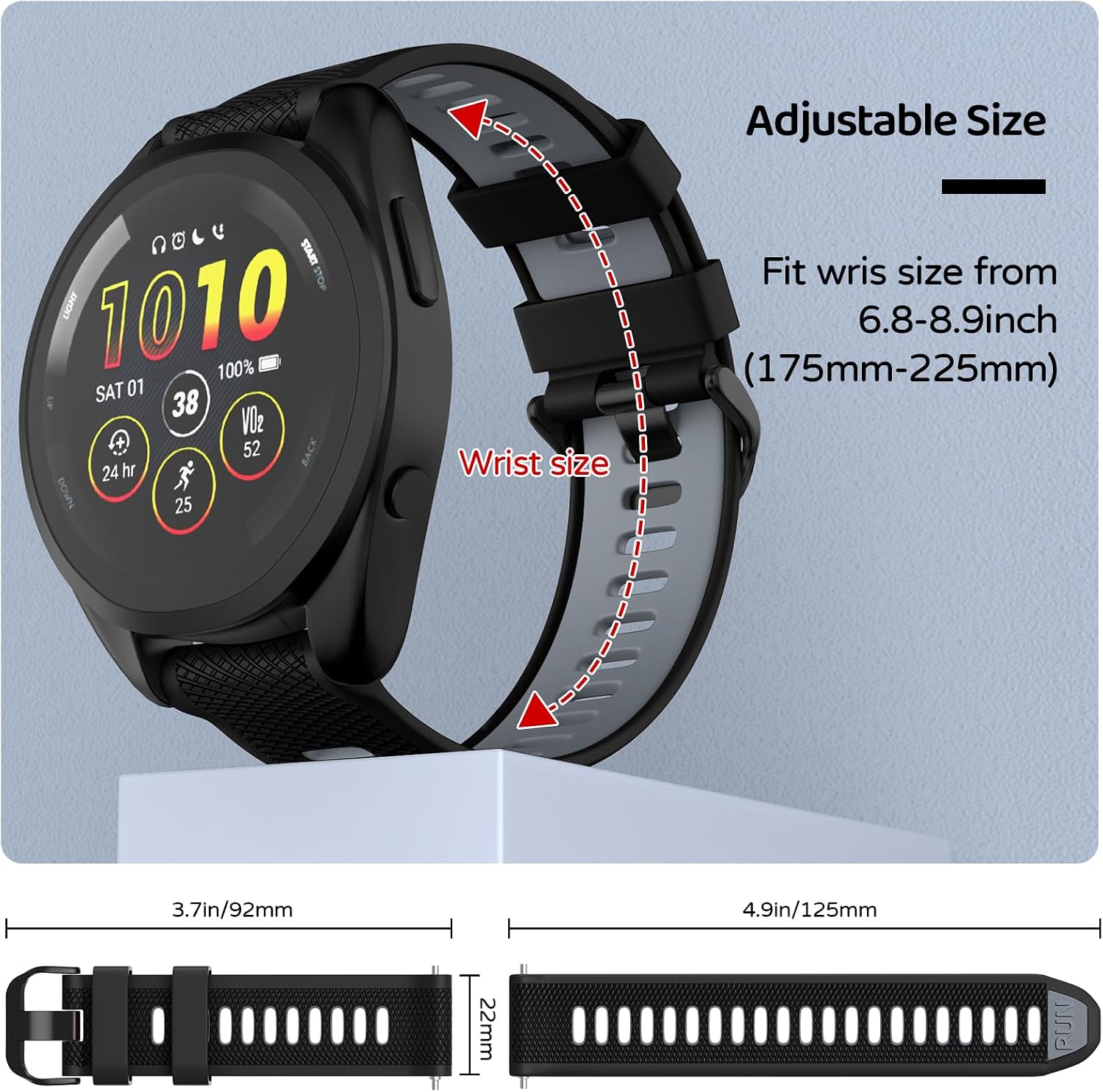 Watch Band for Garmin Forerunner 265/Forerunner 255/Vivoactive 4/Venu 3/Venu 2, 22mm Quick Release Silicone Replacement Band