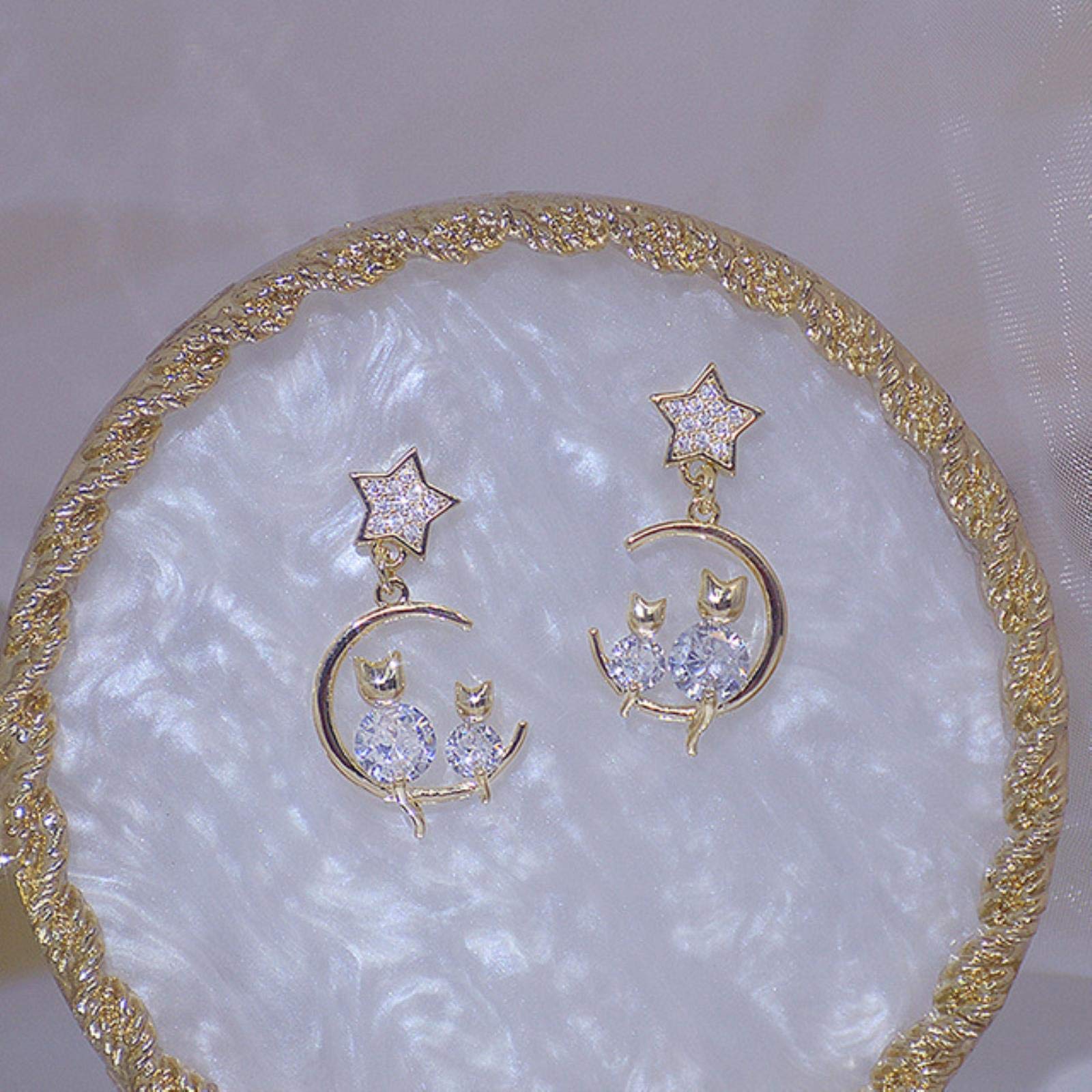Cute Little Cat Moon Shine Diamond Women Earring Bling Aaa Zircon 14k Real Gold Stud Earring Daily Anniversary Star Jewelry Pendant