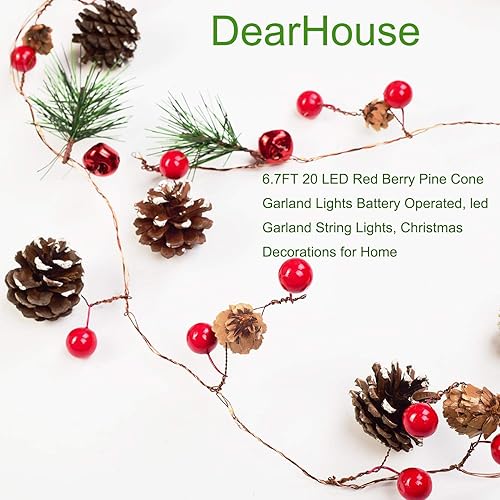 Miniatura 4 de DearHouse Guirnalda de cono de pino de Navidad de 6.7 pies con luces, 20 LED de bayas rojas que funcionan con pilas, decoraciones navideñas para el
