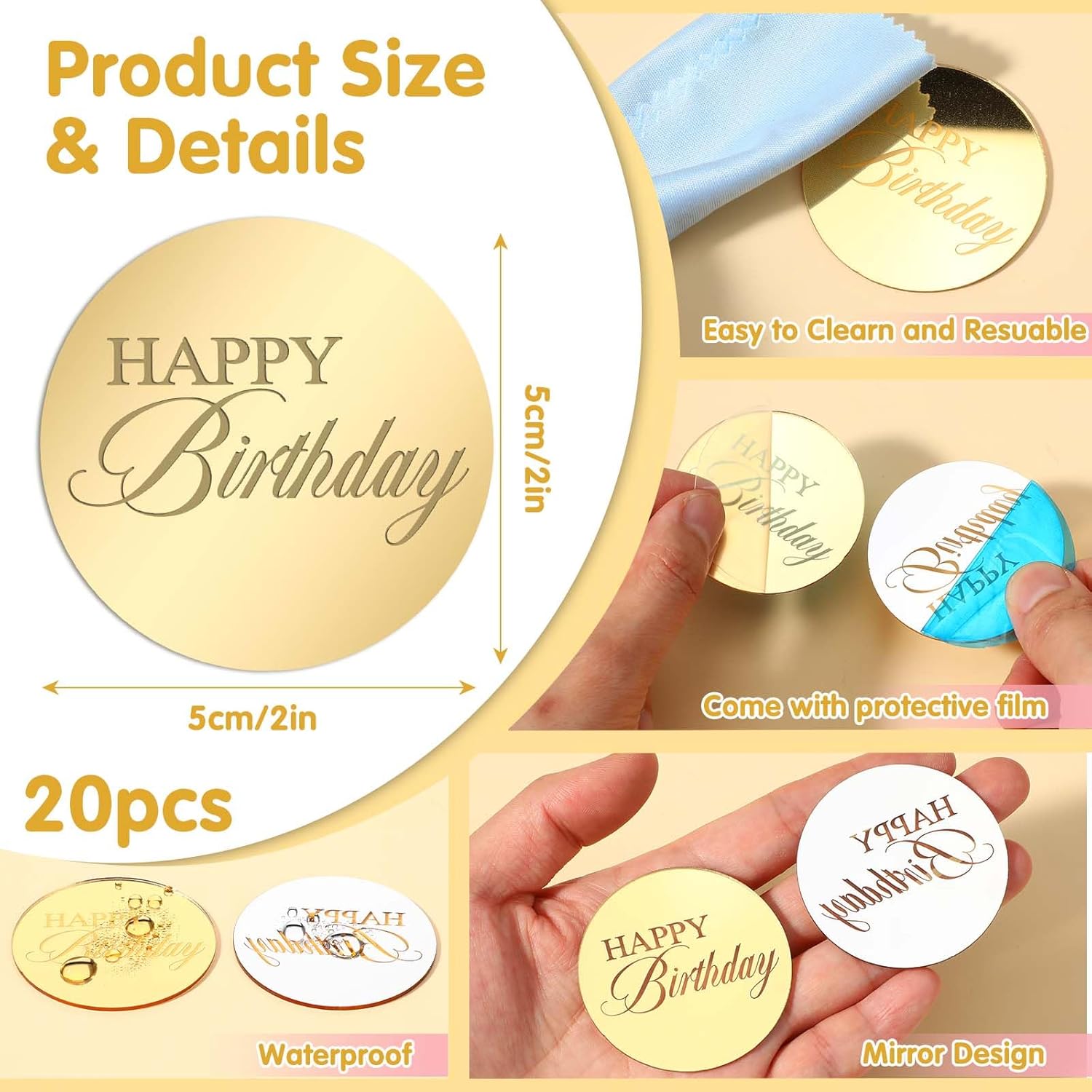 20 Pcs Gold Mirror Acrylic Cupcake Toppers, Round Engraved Cake Picks Personalized Cake Disc Decorations for Halloween Birthday Party DIY Decorative Supplies