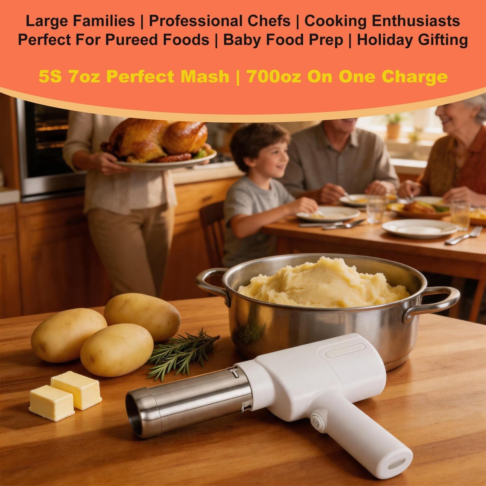 Elektrischer Kartoffelstampfer & Presse, 5-in-1 Handheld mit 5 Scheiben, 5s 198.4 g cremiger Stampfer, Lebensmittelqualität 304 Edelstahl, spülmaschinenfest, ideal für Thanksgiving & hausgemachtes