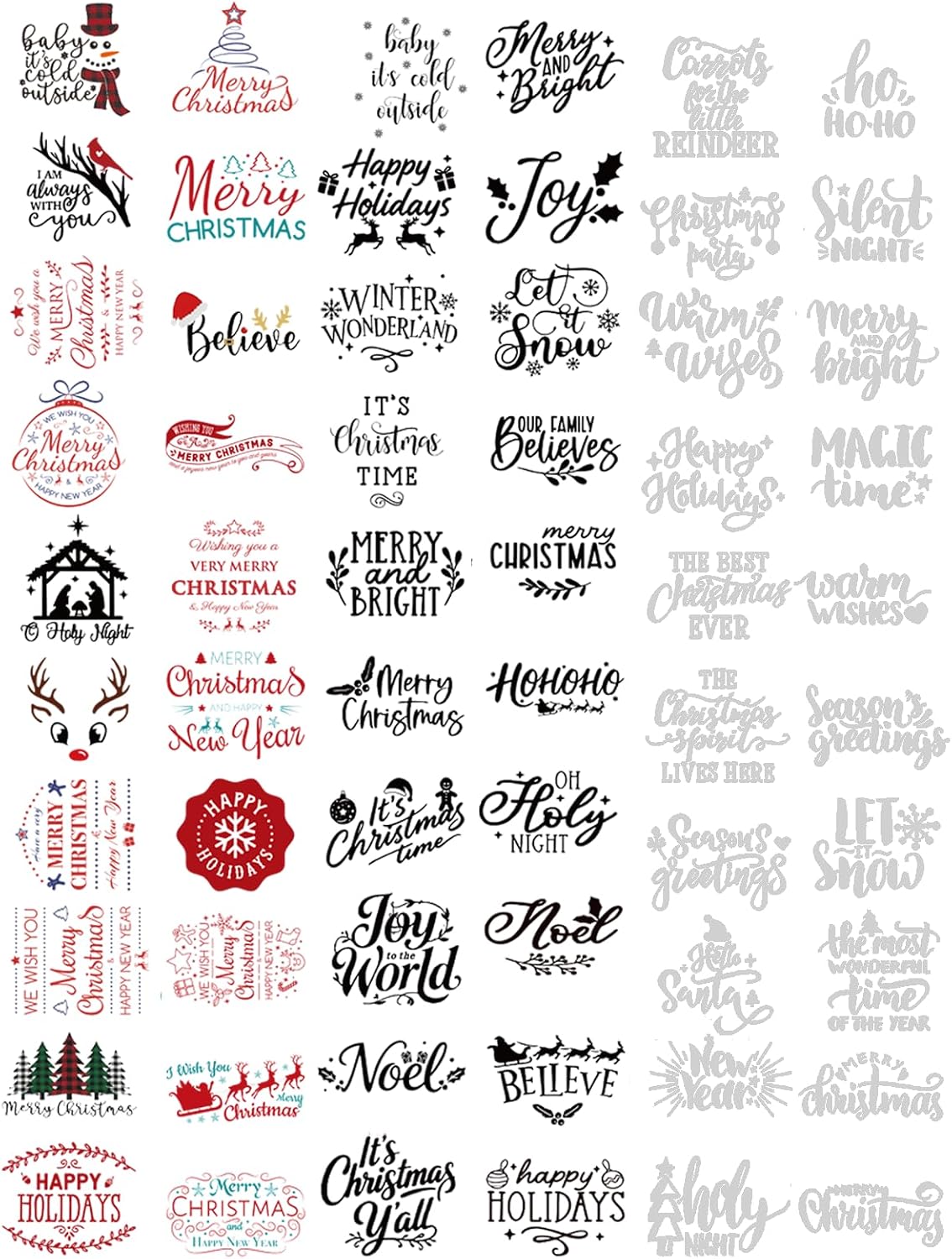 40 PCS Christmas Word Rub-On Transfer Stickers for Crafts – Waterproof Vinyl Decals in White & Black, Ideal for Cups, Mugs, Jars & Ornament Balls, DIY Christmas Face Transfers for Holiday Decorations