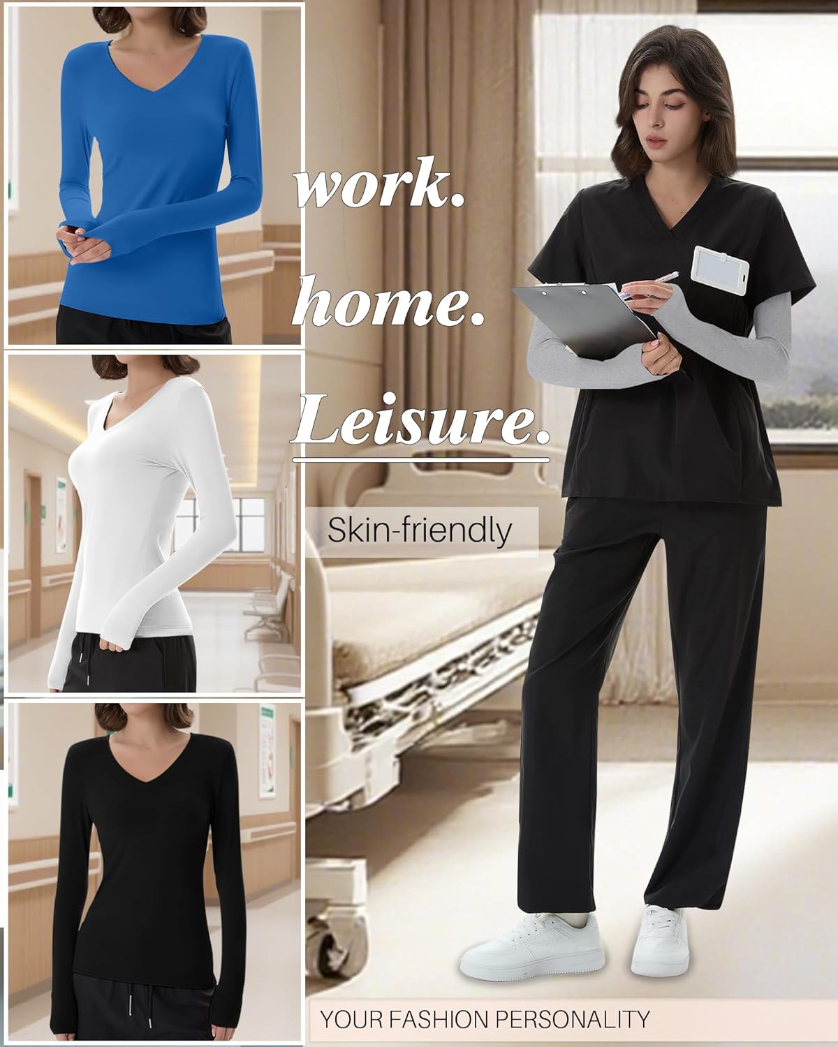 4 Pack Women's Under Scrubs Long Sleeve V Neck Shirts Slim Fit Stretchy Undershirt Basic Casual Tops for Nurse - Image 3