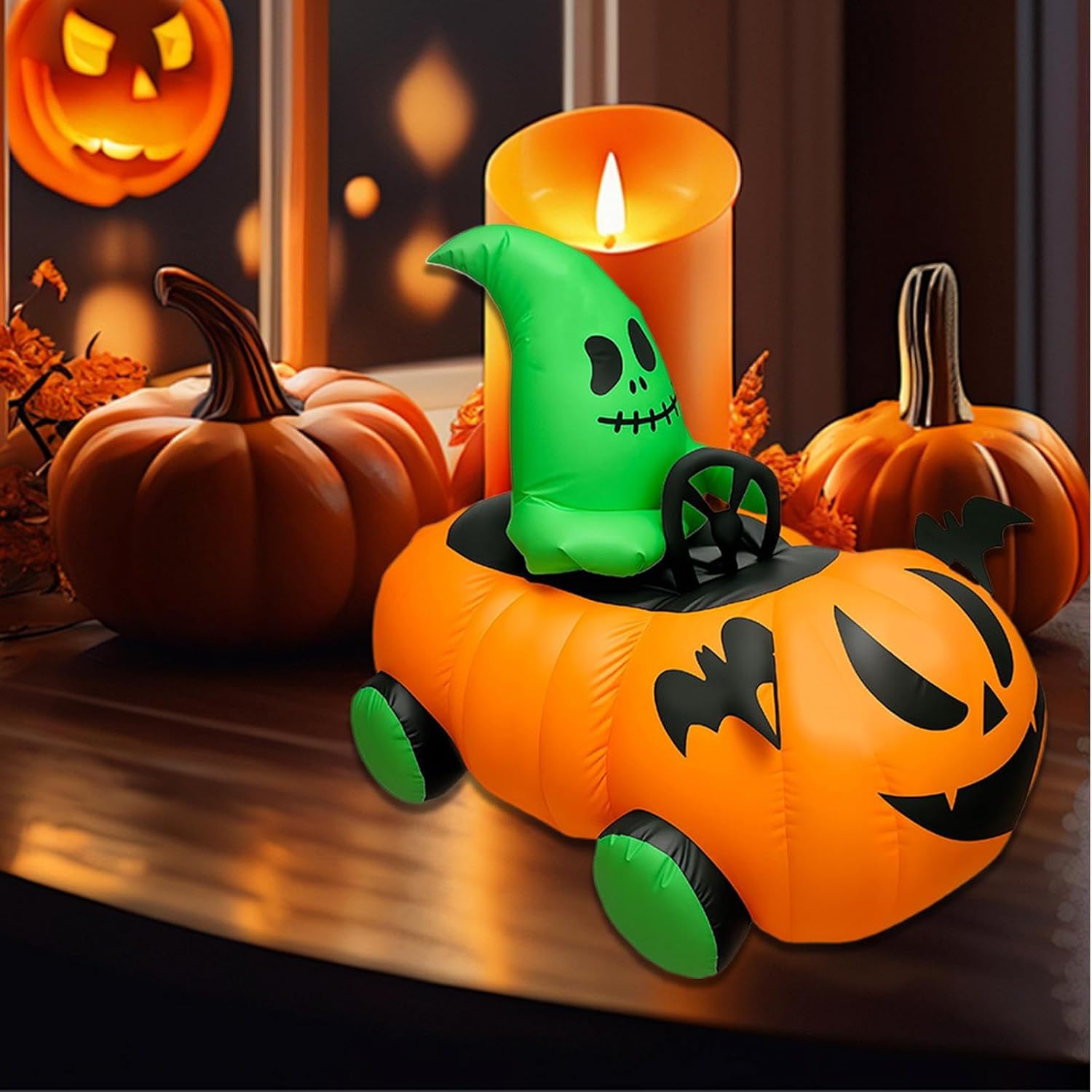 ハロウィーンインフレータブルカボチャ車 - リモートコントロール爆発ヤード装飾|お化け屋敷、芝生、庭、パーティープランナー、子供、女