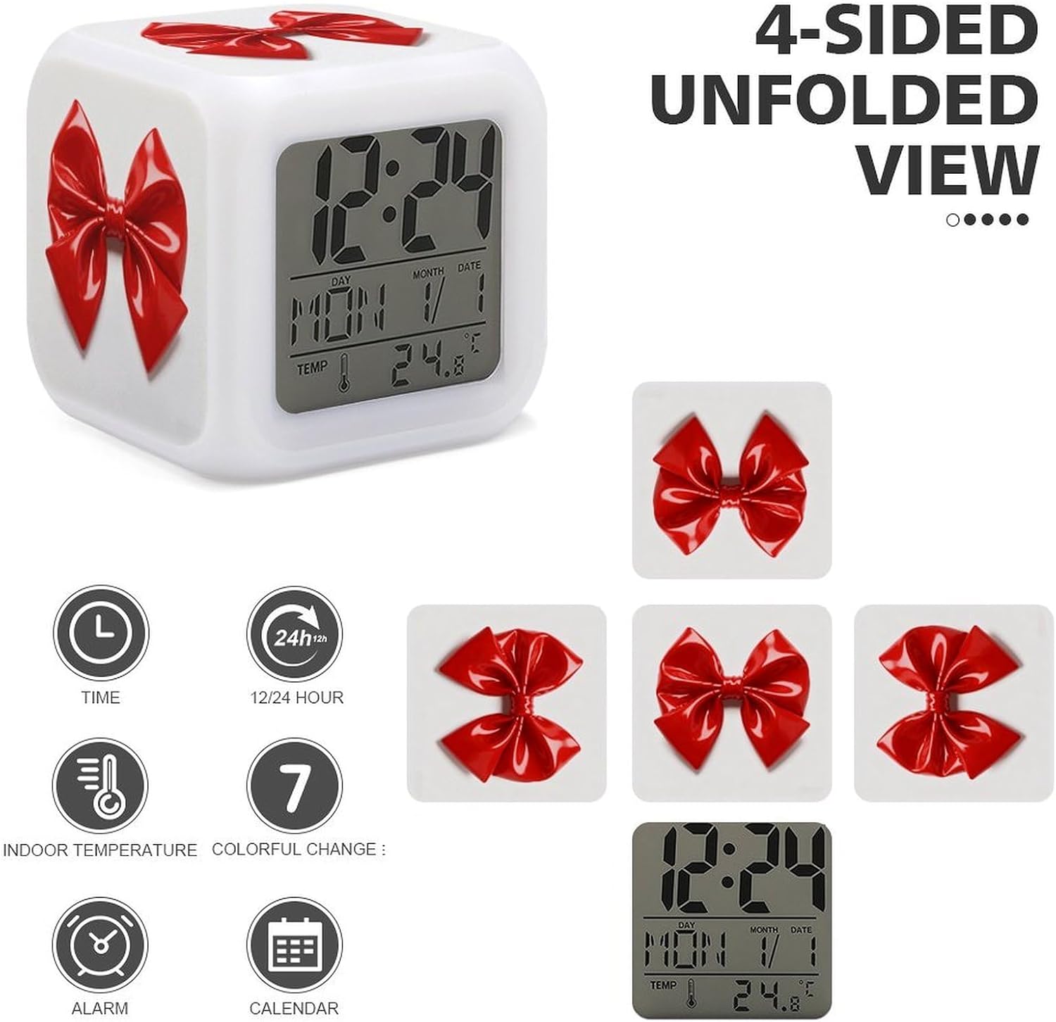 Night Light Alarm Clock, 7 Color Changing, Red Bow image 4