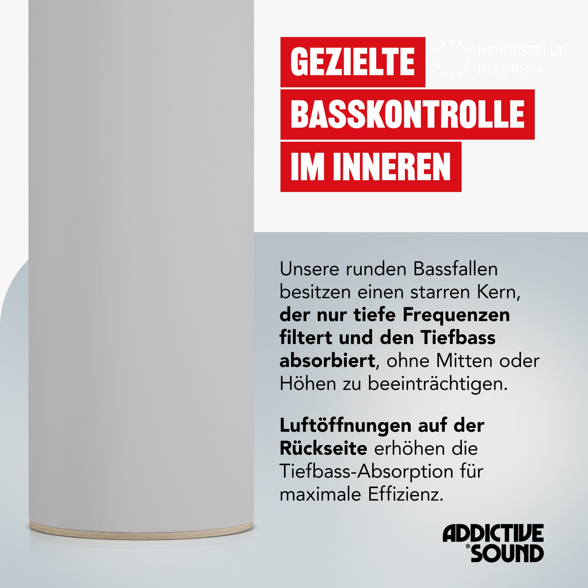 Addictive Sound Bassfalle Rund Standard, Bass Trap 80-210 Hz, Graphit | 98x30 cm, Akustikwolle-Kern, stapelbar und freistehend für Raumecken, EU-produziert, 36 Monate Garantie