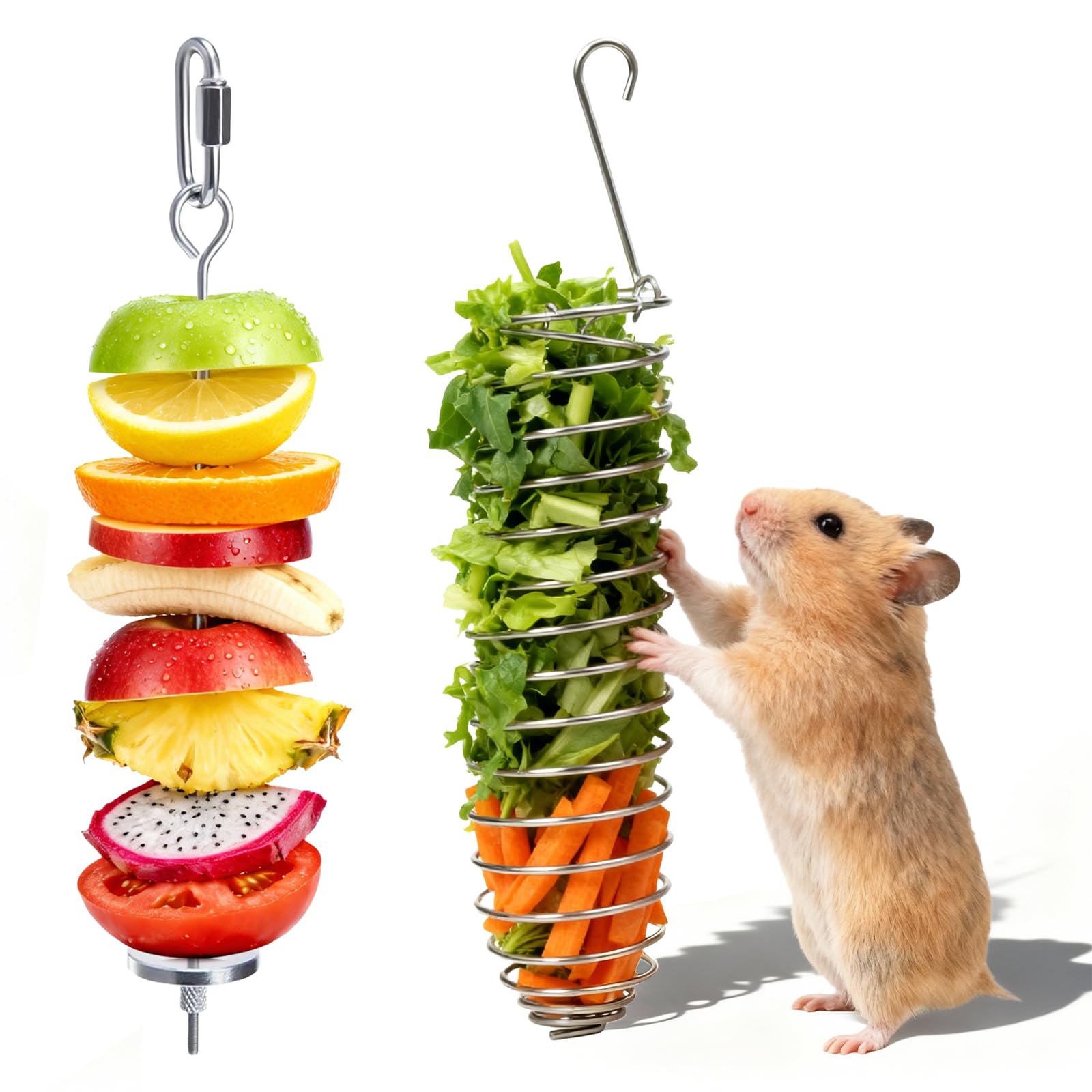 2Pcs Rat Enrichment Toys, 304 Stainless Steel Foraging Toy, Fruit & Vegetable Holder for Mice, Hanging Rodent Cage Accessories, Slow Feeder Puzzle Toy & Parakeet Foraging Tool