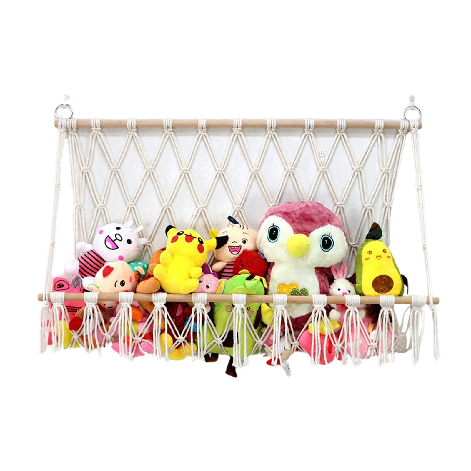Contenitore Sospeso Per Peluche 120-125 Cm - Amaca A Rete In Corda Di Cotone Con Bastoni In Legno, Beige, Per Organizzare Giocattoli E Risparmiare Spazio