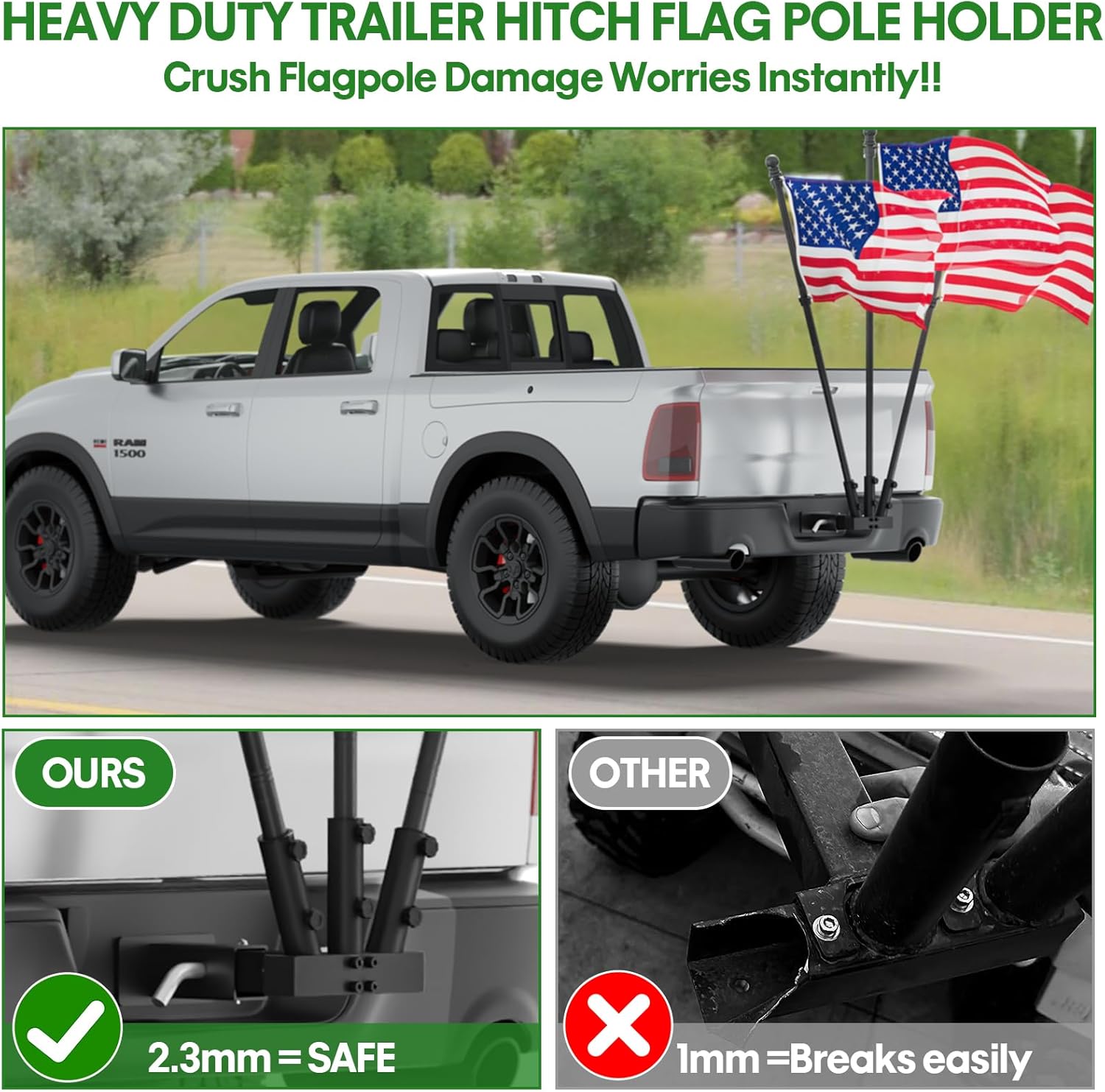 Flag Pole Holder, Heavy Duty Hitch Flag Pole Holder for 2" Receiver, Flag Pole Holder for Outside House, Universal Trailer Hitch Flag Pole Mount for Truck SUV Camper - Image 2