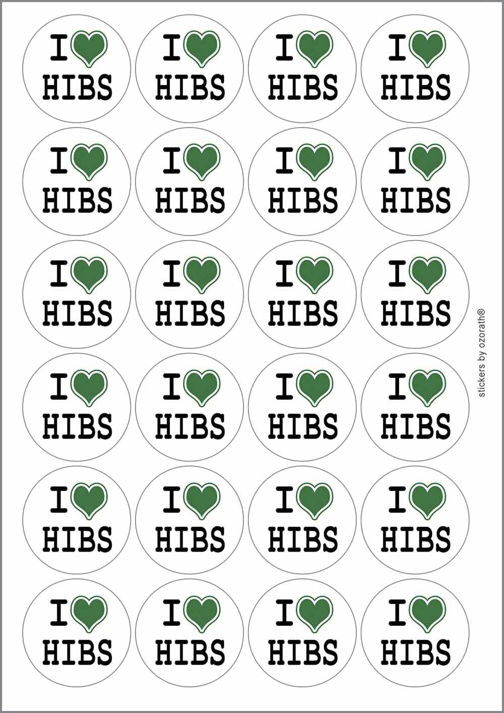 I Heart Love Hibs Circular Matt Paper Stickers A4 Sheet of 24 (Each Sticker is 45mm Diameter)