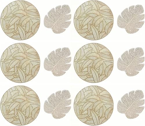 Juego de 6 manteles individuales, manteles individuales redondos para mesa de comedor y posavasos en forma de hoja, manteles de vinilo prensado